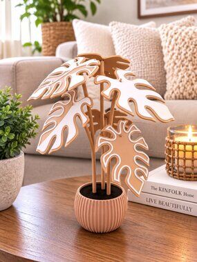 Harvest Elegance Monstera Coaster Set of 6 with Planter | Beige White Decor